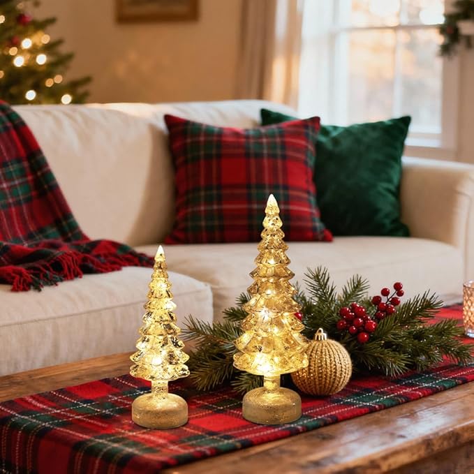 YEAHOME Christmas Decorations Indoor, Set of 2 Glass Christmas Trees with Lights for Home Decor, Christmas Table Decorations Xmas Tree with Timer for Living Room Fireplace Mantel Tabletop Party Decor