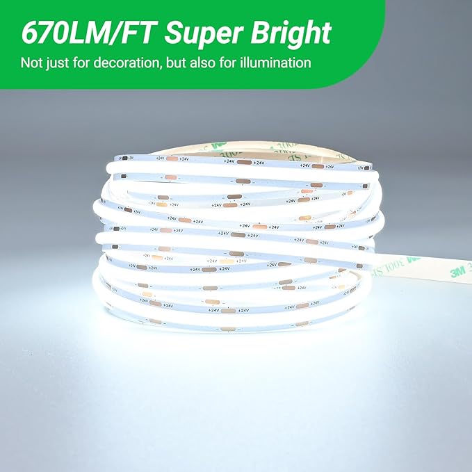 JOYLIT 24V COB LED Strip Lights 16.4FT/5M 288LEDs/M 6000K Cool White, UL Premium 6W/FT 10500LM Super Bright Dimmable LED Tape CRI 92, 120 Degree Beam Angle Light Strip Without Dots (No Power Supply)