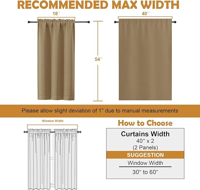 Aiyufeng Taupe Short Blackout Curtains for Bedroom 54 Inches Long 2 Panels Set, Solid Thermal Insulated, Energy Saving Window Treatment Curtains Blackout Drapes, W40 x L54 Inch, Taupe