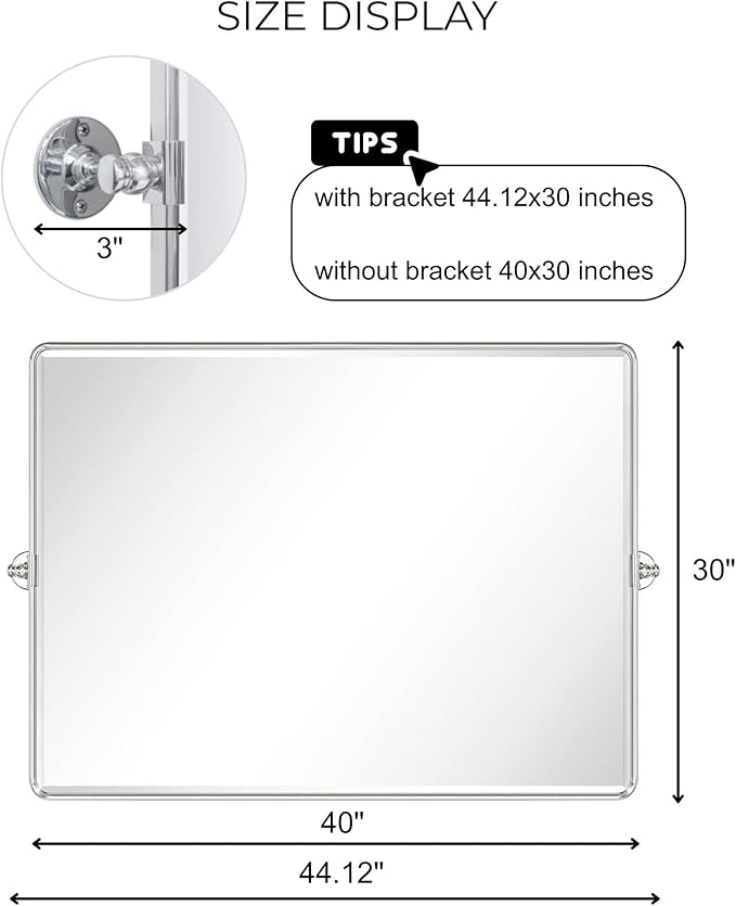 TEHOME Pivot Mirror Chrome Tilt Bathroom Vanity Mirror Black Metal Framed Rectangle Horizontal Tilting Beveled Vanity Mirrors, Overall 44.12 x 30 inches (Mirrror 40 x 30 inches)