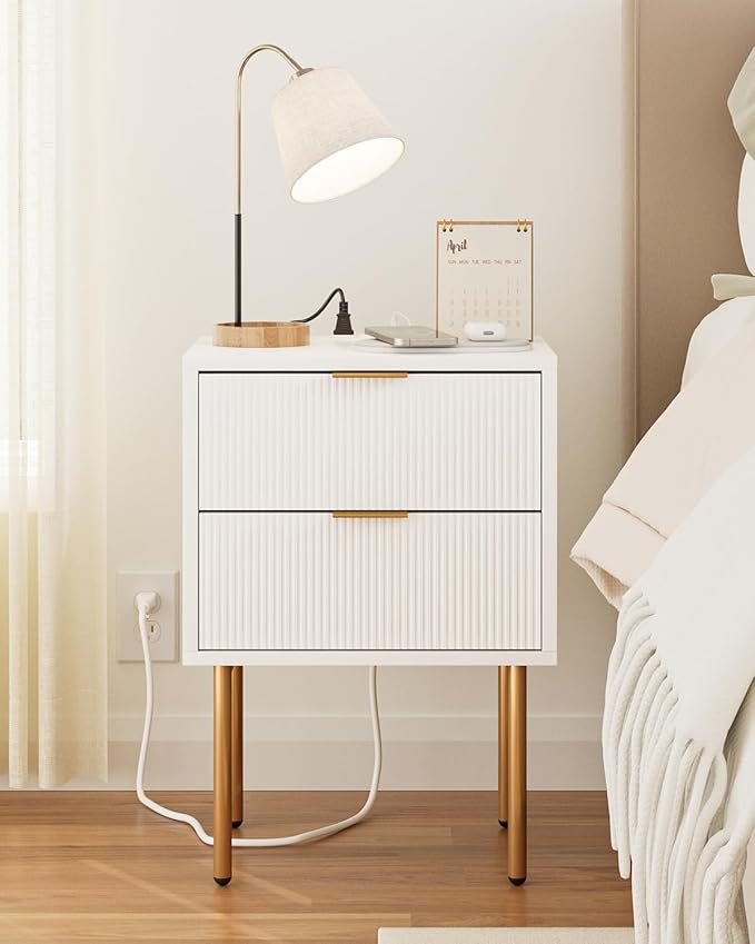 Masupu Nightstand with Charging Station,Mid-Century Modern Bedside Table with 2 Storage Drawer,Small Gold Frame Side End Table for Bedroom,Living Room (White)