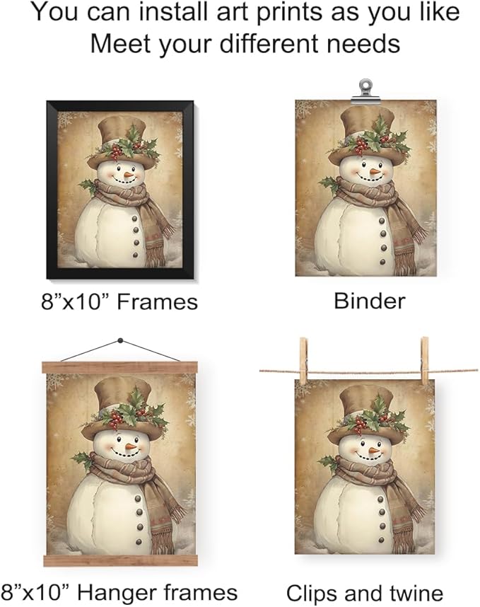 Wheatwin Vintage Christmas Wall Decor, Christmas Tree Snowman Wall Art Prints Set of 4, Boho Merry Christmas Wall Decor for Home Bedroom Living Room Office, 8x10 (Unframed)