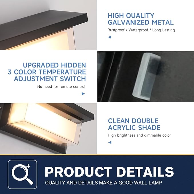 Exterior Light Fixtures,3000K/4000K/6500K Adjustable Outdoor Wall Sconces,15%-100% Dimmable Wall Sconce,24W Outdoor Sconce,2160LM Exterior Wall Lights for Bedroom,Garage,Porch 4 Pack