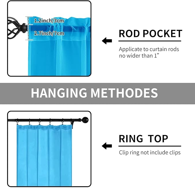 Sheer Curtains 45 Inches Long 2 Panels, Rod Pocket Short Curtain for Kitchen, Bedroom, Cafe Window(Cyan Blue 38" W x 45" L)