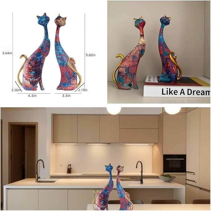 Cat Decor cat Lovers Birthday Gifts for Women Oil Painting Resin cat Art Decorative Sculptures Colorful Cat Statue Home Decor 9.84in 2 pcs