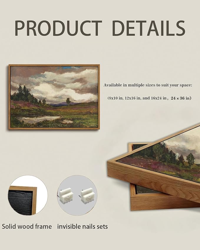 KISSFOX Vintage Landscape Canvas Wall Art Farmhouse Hills Pond Clouds Framed Wall Art Natural Countryside Paintings Artwork Rustic Art Prints For Bedroom Bathroom Living Room