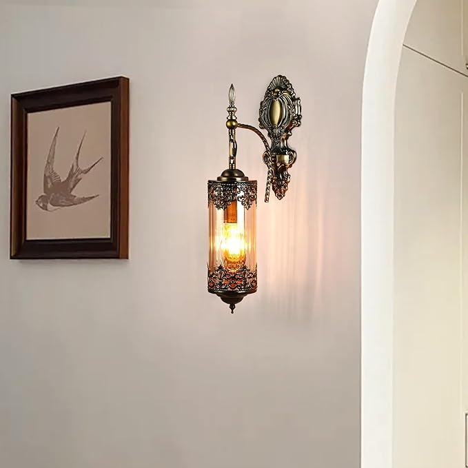 Rustic Wall Sconce with Amber Glass,Vintage Antique Gothic Wall Light Fixture E26 Mid Centry Lantern Bedside Sconces Wall Lighting for Living Room Bathroom Hallway Mirror