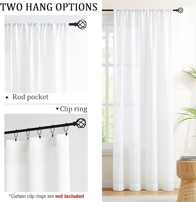 Treatmentex White Sheer Curtains for Living Room 84-inch Long Linen Textured Semi Sheer Curtains for Bedroom Light Filtering Privacy Window Curtain Set 54”w 2 Panels Rod Pocket