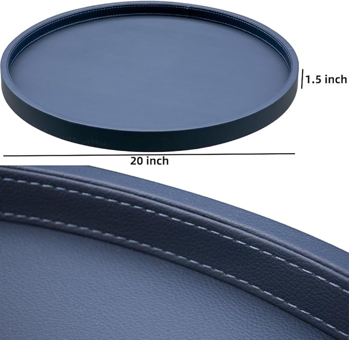 20-inch Round Ottoman Serving Tray - Textured PU Leather Coffee Table Decor, Waterproof Heat-Resistant Large Organizer for Home, Office, Bed & Party Essentials (Navy Blue, 20in)