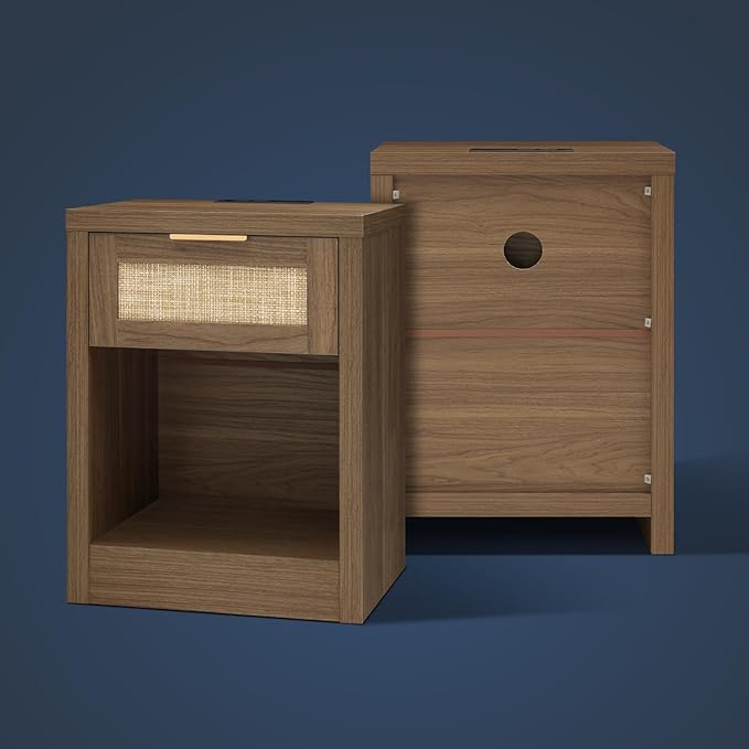 Nightstand Set of 2, Rattan Night Stand with Type-C Charging Station, Bedside Table with Drawer, Boho Bed Side Table End Table Accent Table for Bedroom Living Room (Special Walnut)