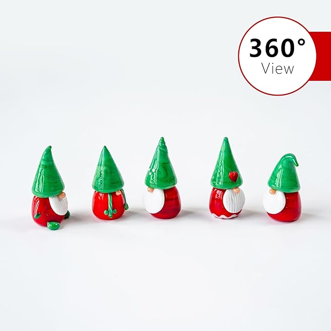 H&D HYALINE & DORA Gnomes Christmas Decorations Ornaments 5Pcs Mini Blown Glass Gnomes Figurines Handmade Glass Xmas Figurines for Tree, Santa and Gnome Party Supplies