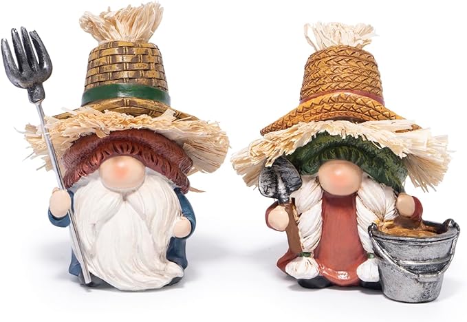 Hodao Fall Scarecrow Farm Gnomes - Couple Figurines with Straw Hats & Farm Tools, Rustic Indoor Outdoor Decor for Home, Porch, Thanksgiving & Harvest Gifts(Green)