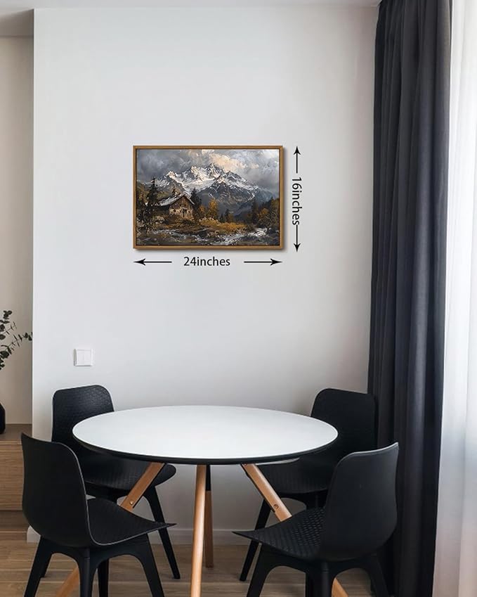 KISSFOX Vintage Landscape Alpine Canvas Wall Art Winter Farmhouse Snow Mountain Chalet Framed Wall Art Natural Countryside Paintings Artwork Rustic Art Prints For Bedroom Bathroom Living Room