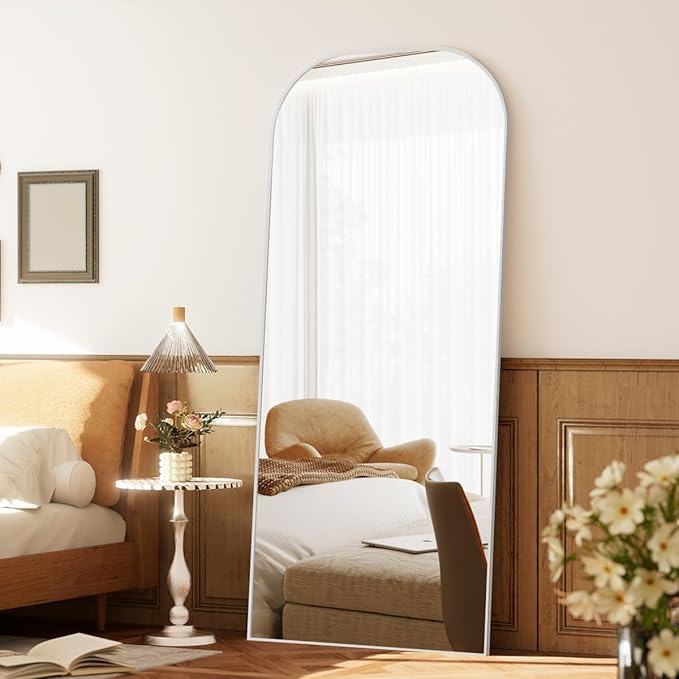 Koonmi Full Length Mirror, 56"x21" Mirror Full Length with Stand, Silver Domed Top Square-Edged Floor Mirror with Aluminum Alloy Frame for Bedroom Living Room
