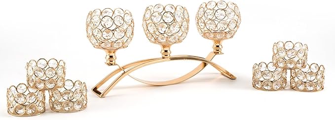 VINCIGANT Gold Crystal Candle Holders Decorative Candelabra 3 Arms with 6Pcs Tea Light Candle Holders for Wedding,Anniversary Center Pieces,Dinner Party Table Decor Candles Centro de mesa para boda