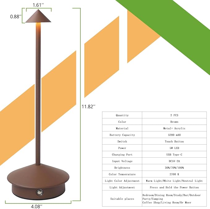 2 Pack Cordless LED Table Lamp, Rechargeable 5200mAH Battery Operated Lamp for Decor, 3 Color Stepless Dimming Desk Lamps, for Restaurant, Bedroom, Outdoor Camping, Coffee Shop, Night Light