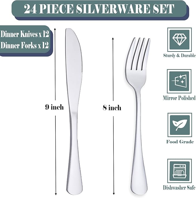 24 Piece Forks And Knives Set, Premium Stainless Steel Silverware Set - 12 Knives & 12 Forks for Home & Hotels, Mirror Polished & Dishwasher Safe(24 Pieces Cutlery Set for 12)