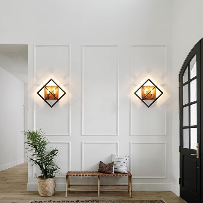 Farmhouse Wall Sconce with Black Finish & Wood Grain, Set of 2 Rustic Wall Sconces Indoor Wall Light Fixtures 17.8in for Stairway, Living Room, Bedroom, Bathroom (2 Light,E26 Base, No Bulbs)