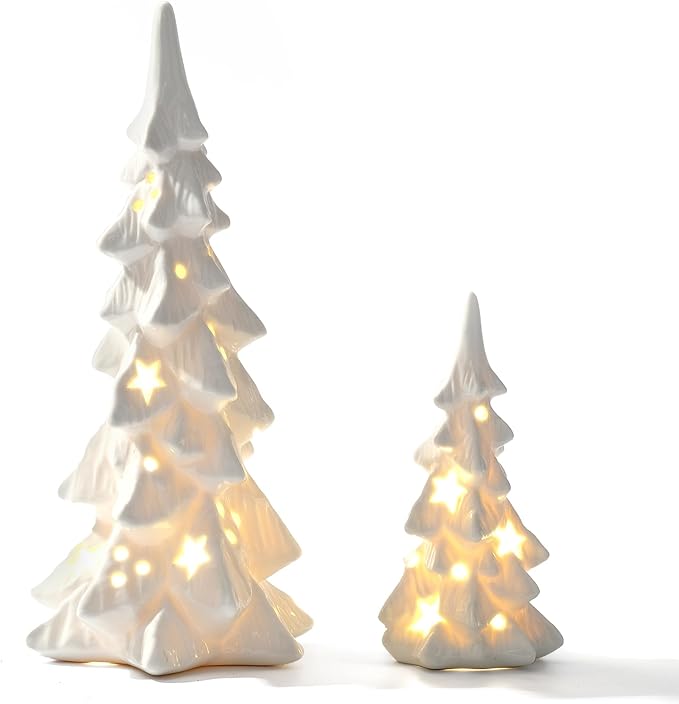 DN DECONATION White Ceramic Christmas Trees that Light Up, 2Pcs Porcelain Christmas Tree with Lights, Stars and Dots Cutout Prelit Tabletop Xmas Tree Figurines for Mantle Neutral Christmas Decor, Gift