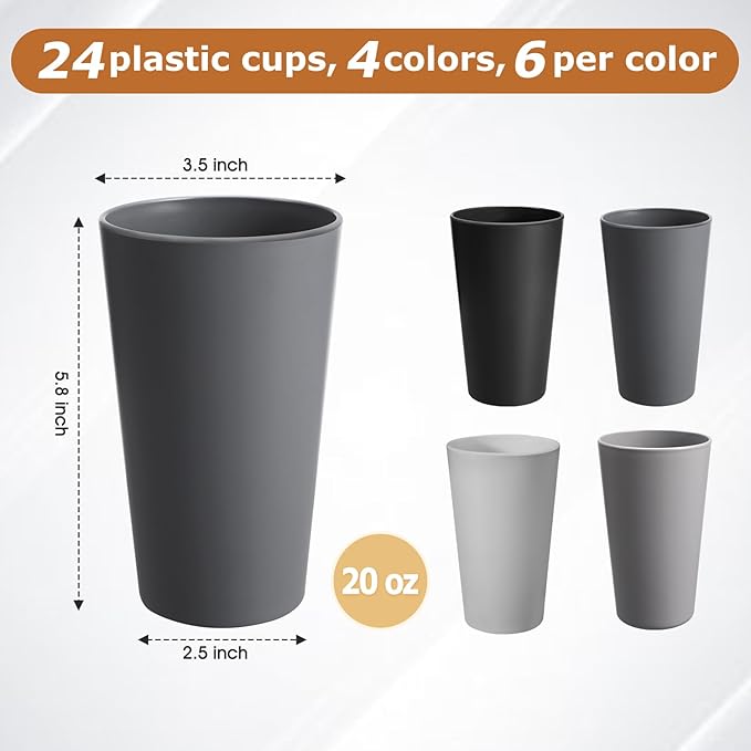 24 Pcs Unbreakable Plastic Cups Set, 20 oz Reusable Plastic Cups, Stackable Water Tumblers, Drinking Cup for Kitchen, Outdoor, BPA-free, Dishwasher Refrigerator and Microwave Safe (20 oz, 4 Colors)