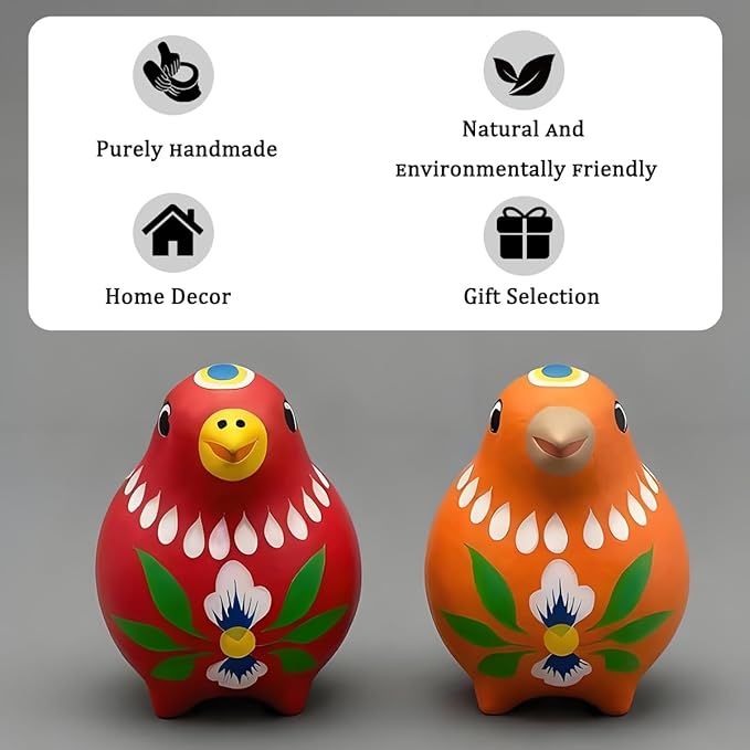 Decorative Clay Bird Figurines Hand-Painted Folk Art Design Collectible Smal Figurines Holiday Birthday Couples Friend Unique Gift Idea Decorative Home Art Table Bring Good Luck (Orange)