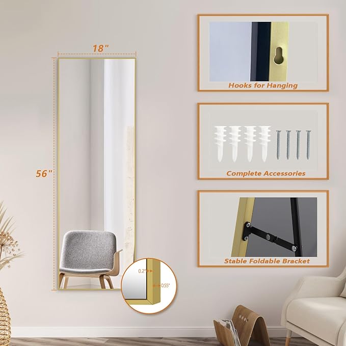56"x18" Gold Full Length Mirror, Free Standing Mirror Full Length Made of Tempered Glass, Gold Floor Mirror for Bedroom Living Room Gym Dorm