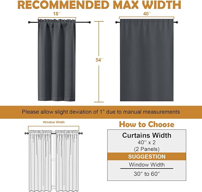 Aiyufeng Grey Short Blackout Curtains for Bedroom 54 Inches Long 2 Panels Set, Solid Thermal Insulated, Energy Saving Window Treatment Curtains Blackout Drapes, W40 x L54 Inch, Grey