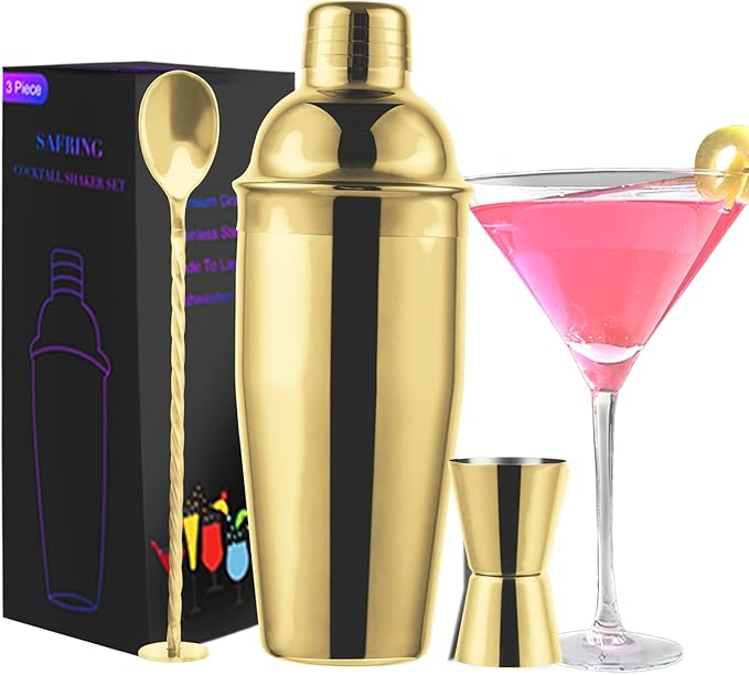 24oz Cocktail Shaker Bar Set, Martini Shaker with Built-in Strainer, Measuring Jigger, Mixing Spoon, Professional Stainless Steel Large Bartender Drink Shaker Margarita Alcohol Mixer-Gold