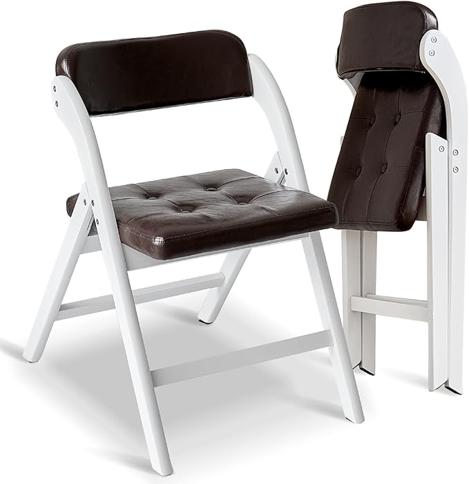 Padded Folding Chairs with Cushion, Stackable Wooden Foldable Chair Set of 2, Padded Folding Chairs with Cushion for Guests Kitchen, Office, Wedding, Picnic, Party Chair (White Brown)