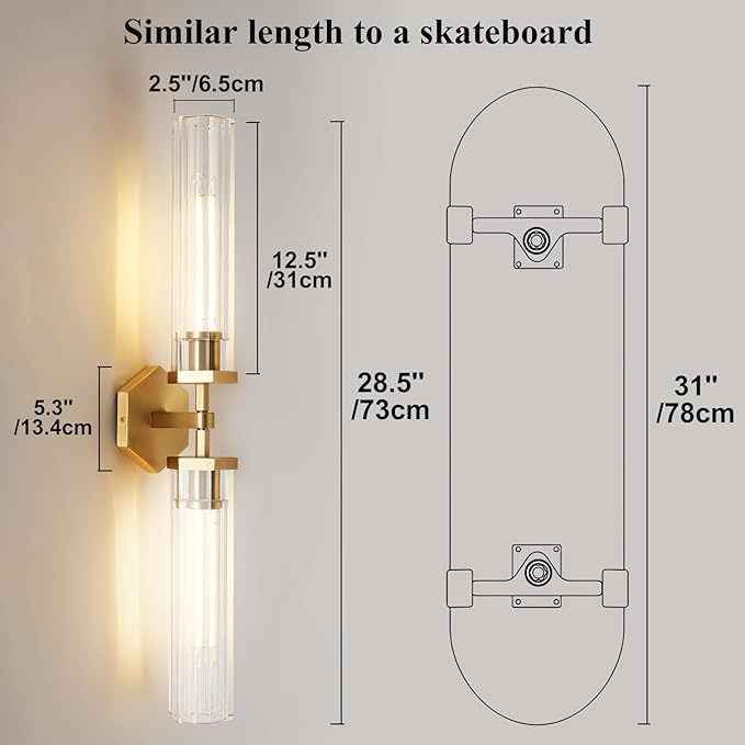 Crystal Bathroom Vanity Wall Sconces Set of Two Gold Modern Sconces Wall Lighting, 28.5in Brass Vanity Lights,Indoor Linear Wall Sconce Light for Bedroom,Hallway,Staircase,Living Room,Dining Room