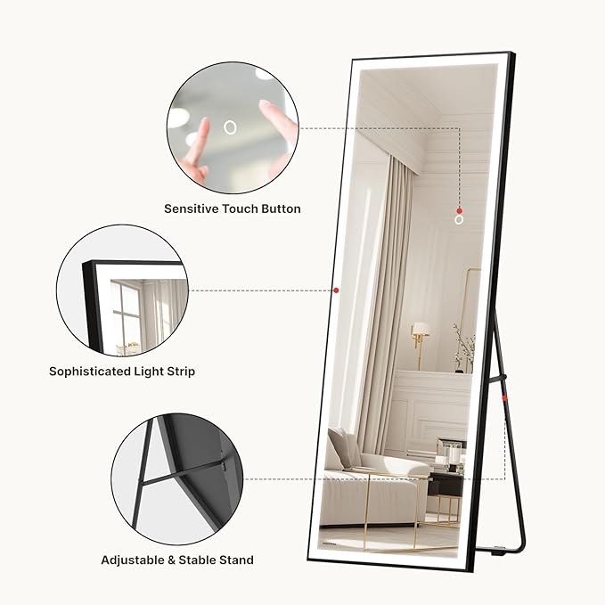 Kosmonia 66x24 Full Length Mirror, Dimmable 3 Color LED Light w/Light Memory, Distortion Free Silver Coating Mirror, HD Reflection &Anti Desilvering,Tempered Glass &Shatter Proof Film Doubles Safety