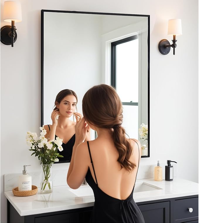 Bathroom Mirror 28x36 Inch, Black Frame Mirror 28"x36", Rectangle Wall Mounted Mirror, Metal Framed Vanity Mirror for Wall 28 by 36, Modern Mirror Hangs Horizontal Or Vertical