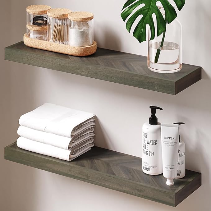 24" Acacia Chevron Floating Shelves Set of 2 - Wall Mounted Wooden Shelf for Stylish Home Dรฉcor - Mocha Color - 24x6.7x1.5 Inches