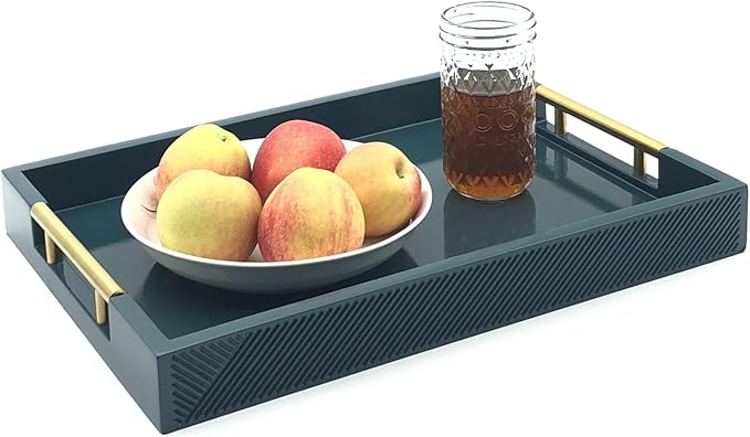 Serving Tray with Polished Metal Handles, 16.5''x12'' Rectangle Coffee Table Tray, Modern Decorative Tray, Large Ottoman Tray, Perfect for Storage and Display (Teal)