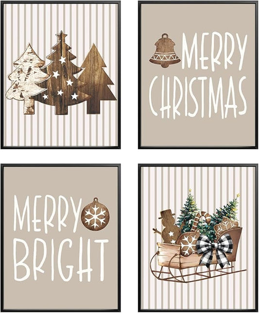 Wheatwin Boho Christmas Decor, Neutral Christmas Decor, Merry Christmas Wall Art Prints Set of 4, Wooden Christmas Tree Winter Decorations for Office Bedroom Living Room, 8x10 (Unframed)