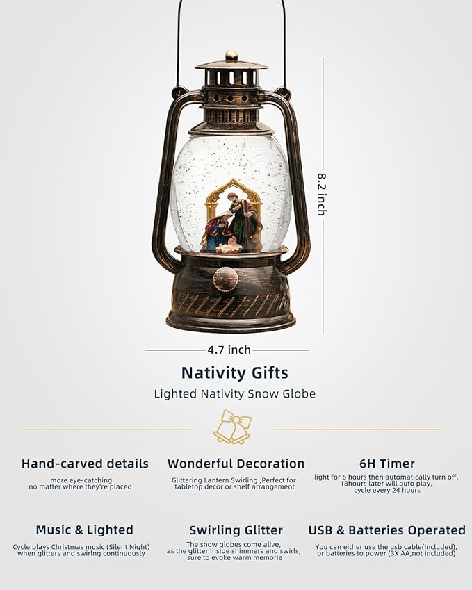Christmas Nativity Snow Globe,Musical Lighted Glitter with 6H Timer Christmas Decorations Nativity Scene Snow Globe Religious Christmas Decor with Gift Box