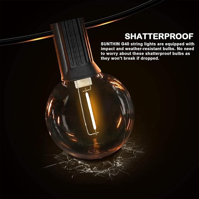 SUNTHIN Outdoor String Lights, 97FT Patio Lights with 49 G40 Shatterproof LED Bulbs(1 Spare), Waterproof Lights String for Outside Backyard, Porch, Bistro, Party, Camping, Garden Gathering