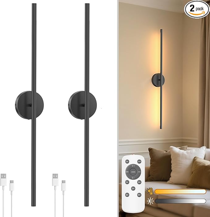 NIORSUN 34 Inch Battery Operated Wall Sconce Set of 2, Black Round Base Rechargeable Wall Lights with Remote, 3CCT Dimmable Wireless Wall Sconces for Living Room Bedroom Hallway