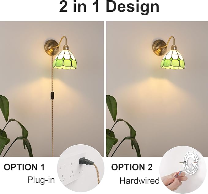 Plug in Wall Sconces Set of 2, Vintage Wall Lamps with Green White Checker Stained Glass Shade, Brass Lights Fixture Decor for Bedroom Bathroom Living Room Hallway
