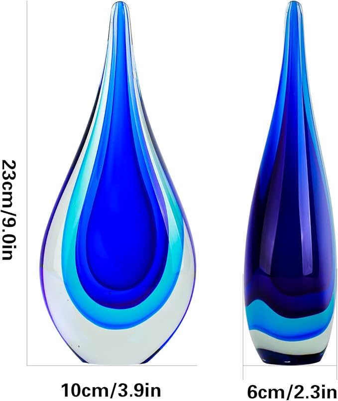 9" Tall Sculpture Hand Blown Glass Decor, Paperweight for Office Desk, Modern Glass Art Figurines Mediterranean Beach House Decor, Living Room Coffee Shelves Table Top Decoration (Blue)