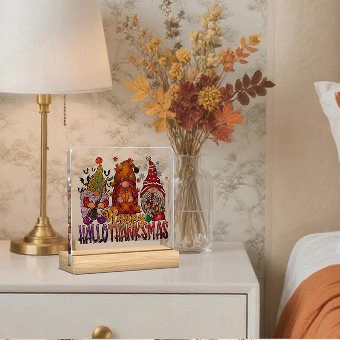 Fall Decor, Thanksgiving Decorations, Fall Decorations for Home, Gnomes Pumpkin Sign, Autumn Harvest Rustic Square Acrylic Sign with Wooden Stands for Kitchen Office Christmas Living Room
