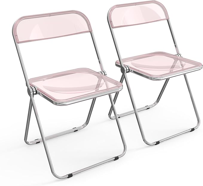 VINGLI Acrylic Folding Chairs 2 Pack, Clear Chair Foldable and Stackable, Plastic Panel & Metal Chrome Frame, Weight Capacity 350 lbs, Pink