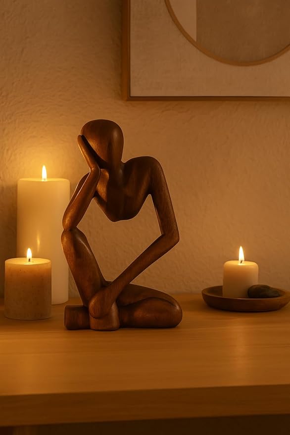 12" Wooden Abstract Thinker Statue, Hand Carved Thinking Man Figurine, Modern Minimalist Sculpture, Handmade Home Decor Accent Gift (Brown)