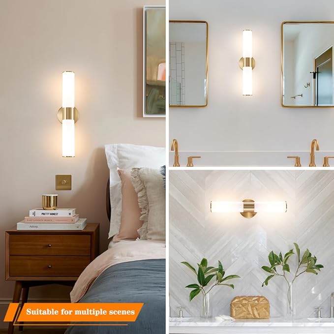 Gold Bathroom Wall Sconces Set of 2, Brass Wall Sconce with Mikly White Glass Shade, Modern Sconces Wall Lighting, Vanity Light Fixtures, Wall Lights for Mirror Living Room Bedroom Hallway Stairs