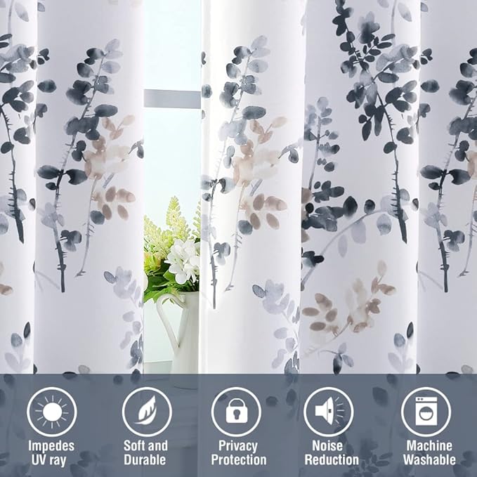 H.VERSAILTEX Floral Curtains 84 Inches Long Printed Pattern Room Darkening Curtains for Bedroom Rod Pocket Window Treatment Curtains, 2 Panels, Classical Floral Bluestone and Taupe