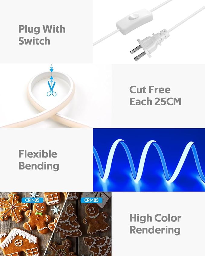 Blue COB LED Strip Lights 120V 16.4FT Led Rope Lights Outdoor Waterproof with Switch Plug in 288Leds/M High Density AC110V-120V LED Tape Lights for Bedroom Backyards Holiday Decor 5M