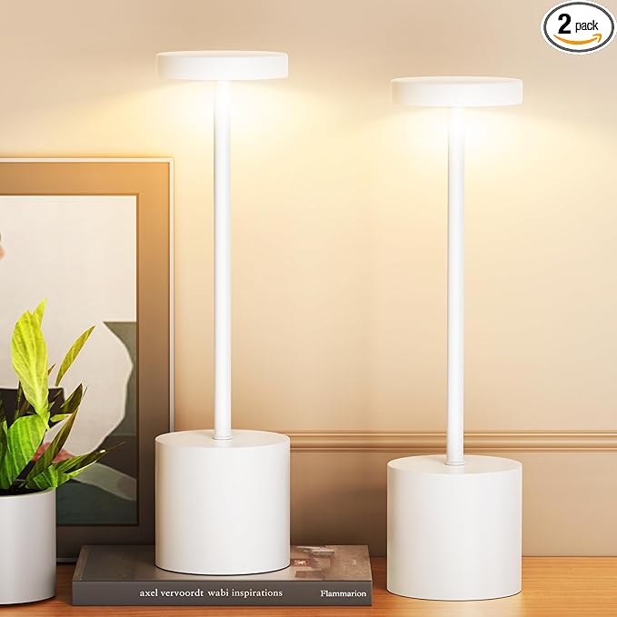 Cordless Table Lamp – 2 Pack Rechargeable Table Lamps, 5000mAh Battery Operated Lamp with 3-Color Dimmable Light, Outdoor Table Lamp for Bedroom, Restaurant, Patio, Home Décor (White)