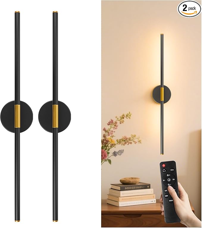 Battery Operated Wall Sconces Set of 2, Detachable Wireless Wall Lamps 360°Rotate, 10000mAh Rechargeable Wall Lights for Bedroom, Living Room,3000-6500K Dimmable, 28 Inch Black and Gold