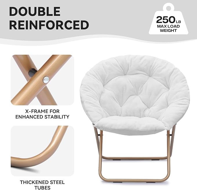 Magshion Saucer Chair for Adults, Comfy Living Room Lounge Chair for Bedroom Corner, Dorm, Apartment, Faux Fur Fluffy Circle Accent Seat with Thick Padded & Folding Metal Frame (White)