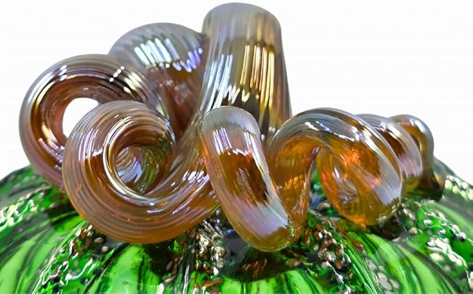 Luke Adams Glass | Handmade Glass Pumpkins | Handmade Table Top Home Decor (Squat, Green Tinsel)